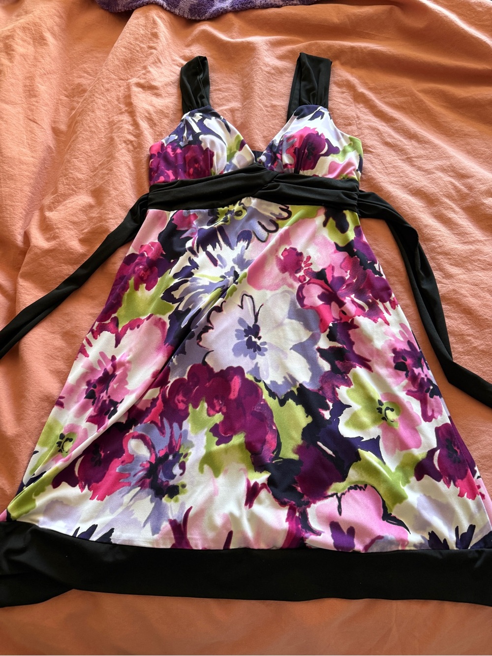 Jessica Purple and Lime Floral Tank Dress with Black Trim